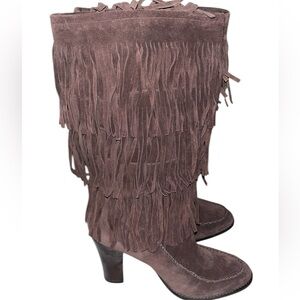 Ralph Lauren size 10 dark brown suede heeled boots with fringe detail NWOT